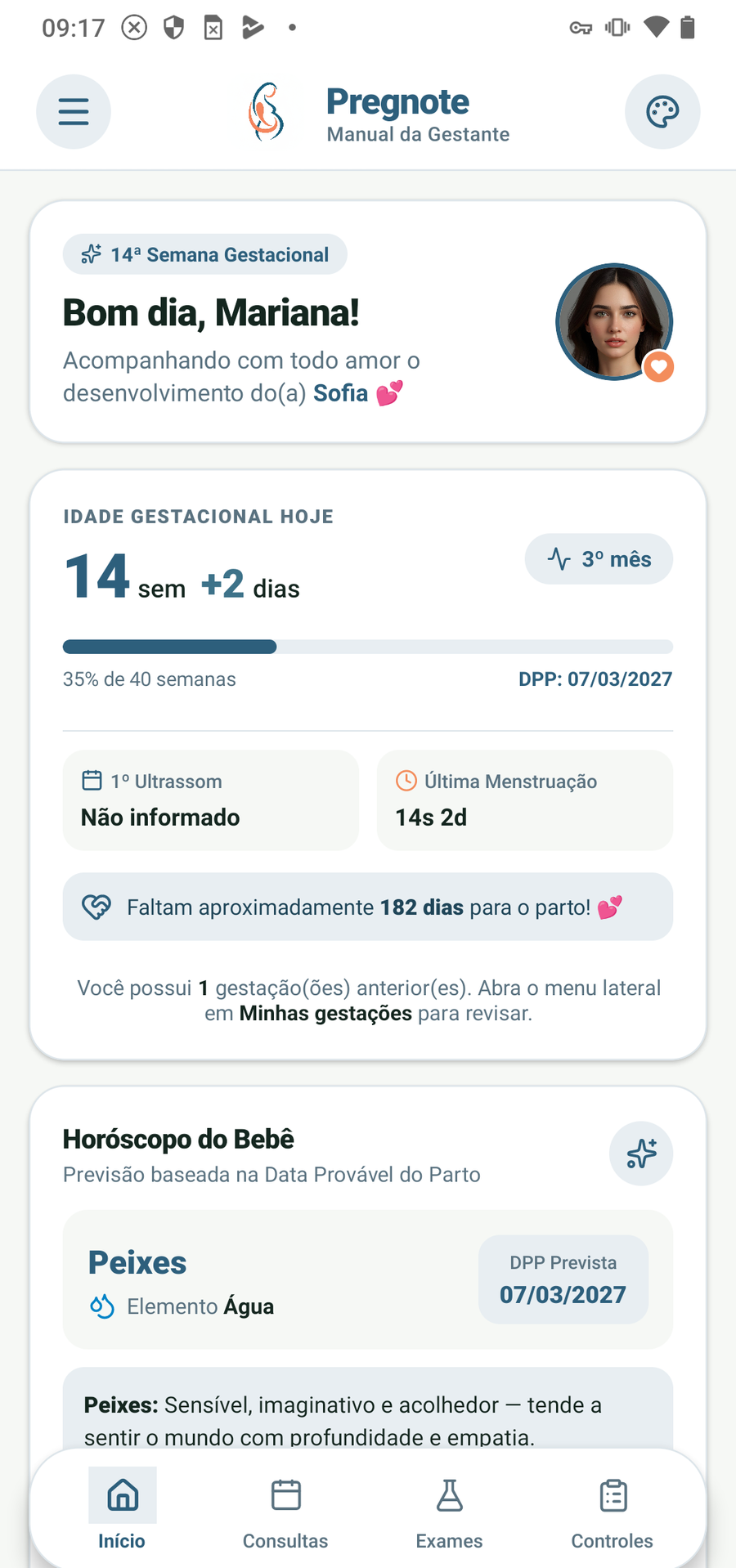 Tela inicial da gestante